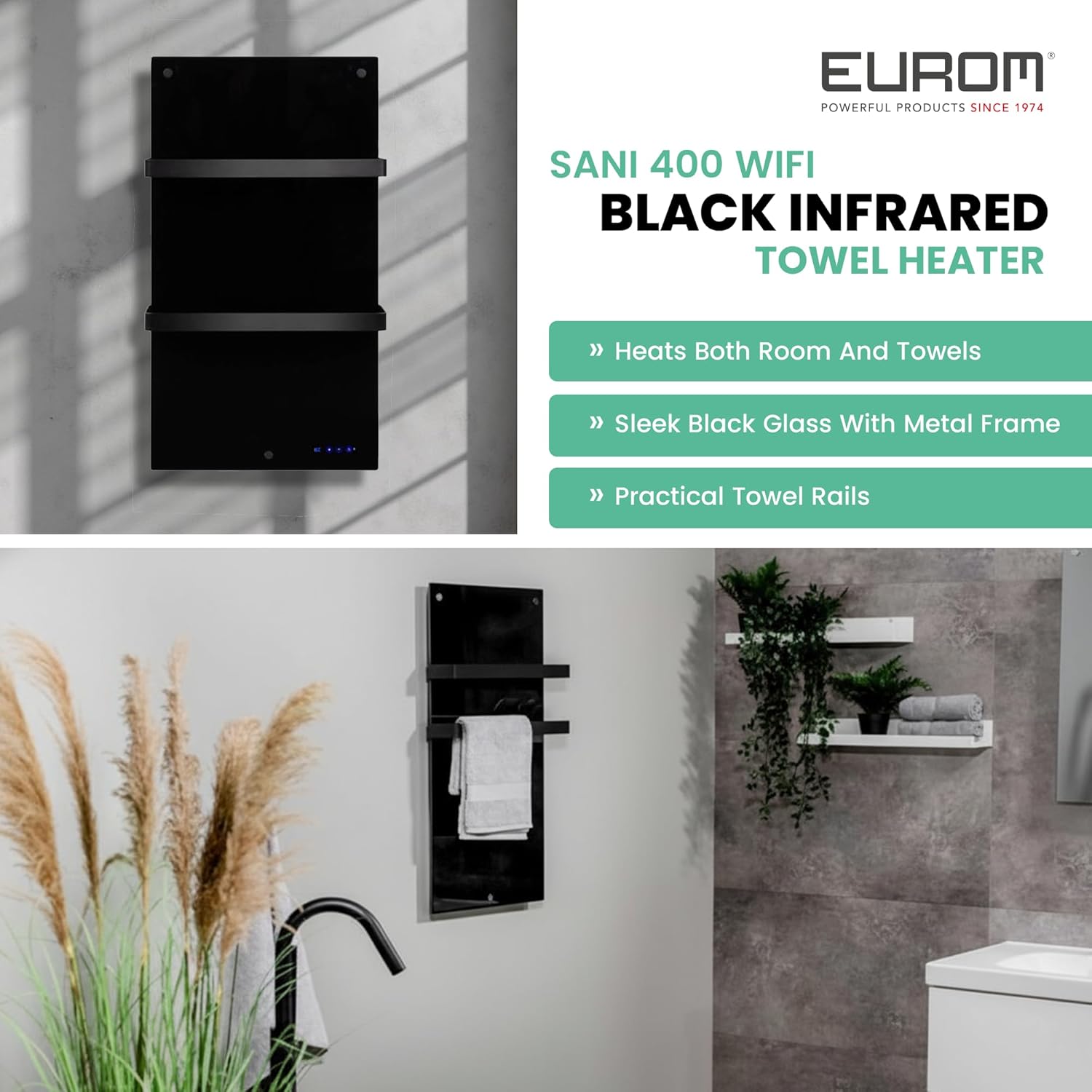 Eurom Infrarotheizung Sani 400 Wifi, schwarz 350135 (Handtuchtrockner Badezimmerheizung Bad-Heizung) Leitung: 400 W/Eingangsspannung: 220-240 V/Heizelemente: Kohlenstoffkristall