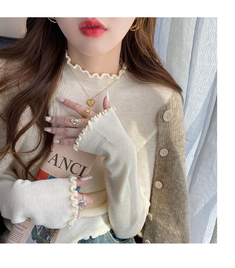Gwendolyn - Mock Neck Plain Lettuce Edge Trui