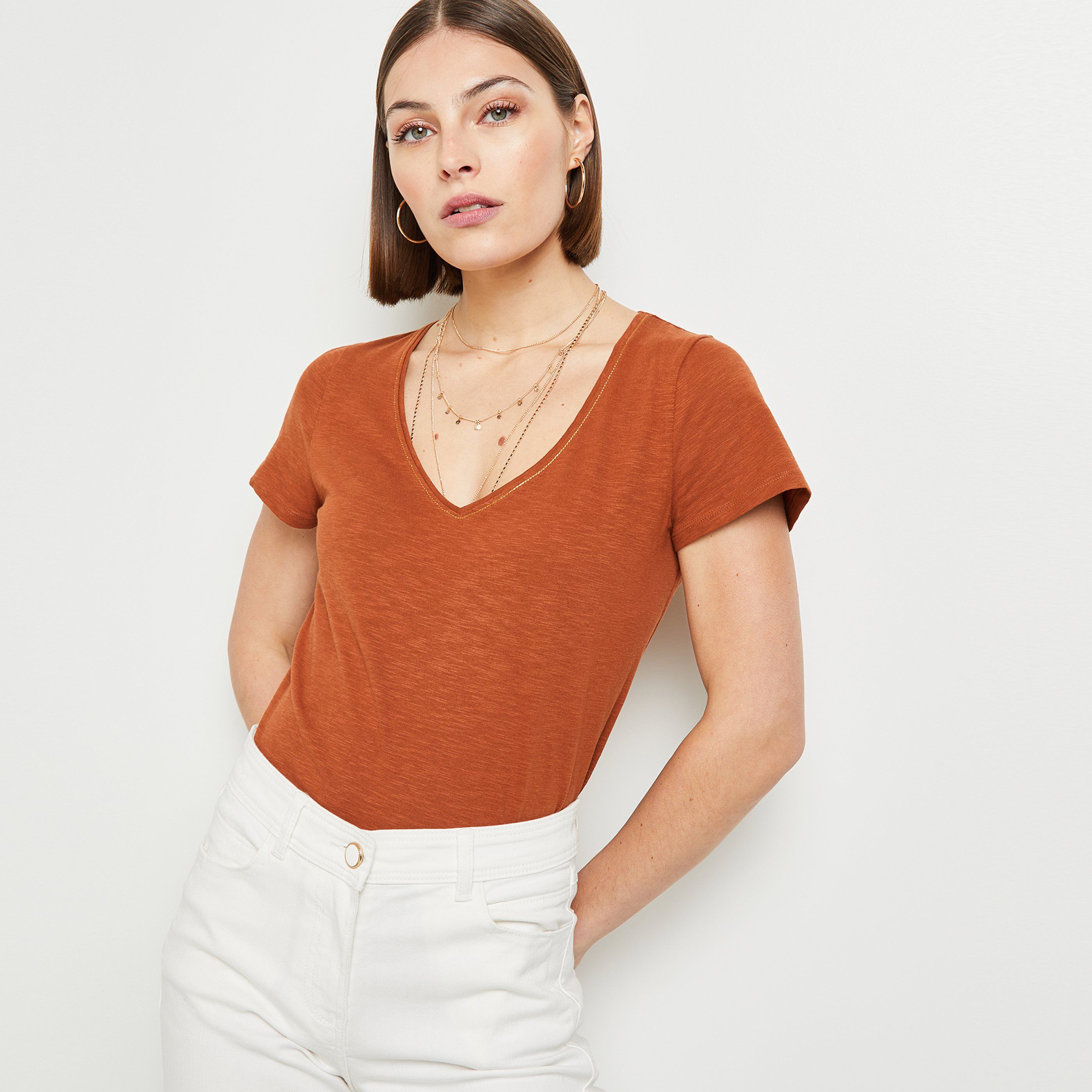 T-shirt manches courtes V femme - MARRON