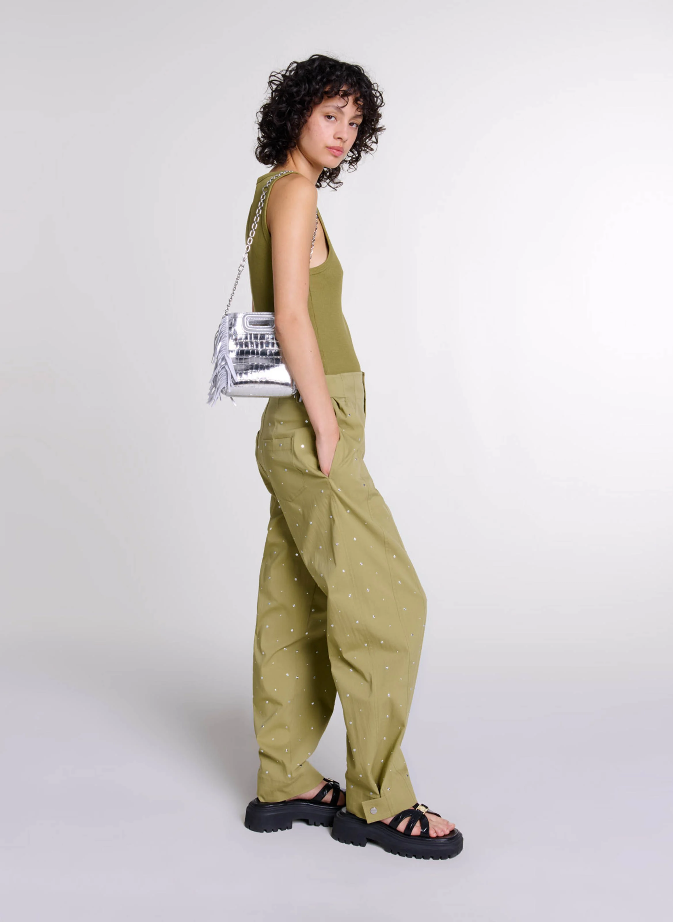 Pantalon large à rivets en coton mélangé | Kaki