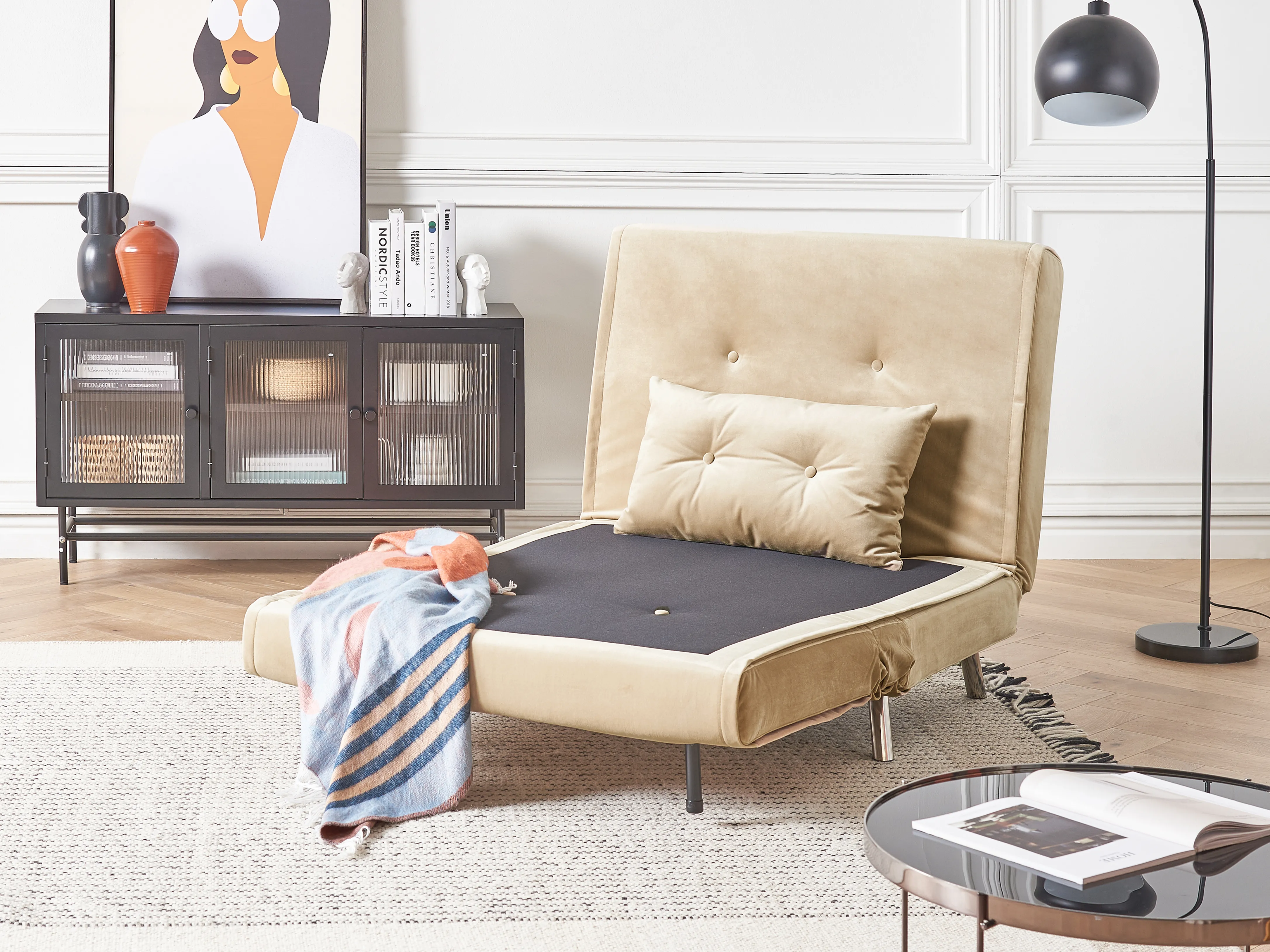 Eenpersoons slaapbank FARRIS Fluweel Zandbeige