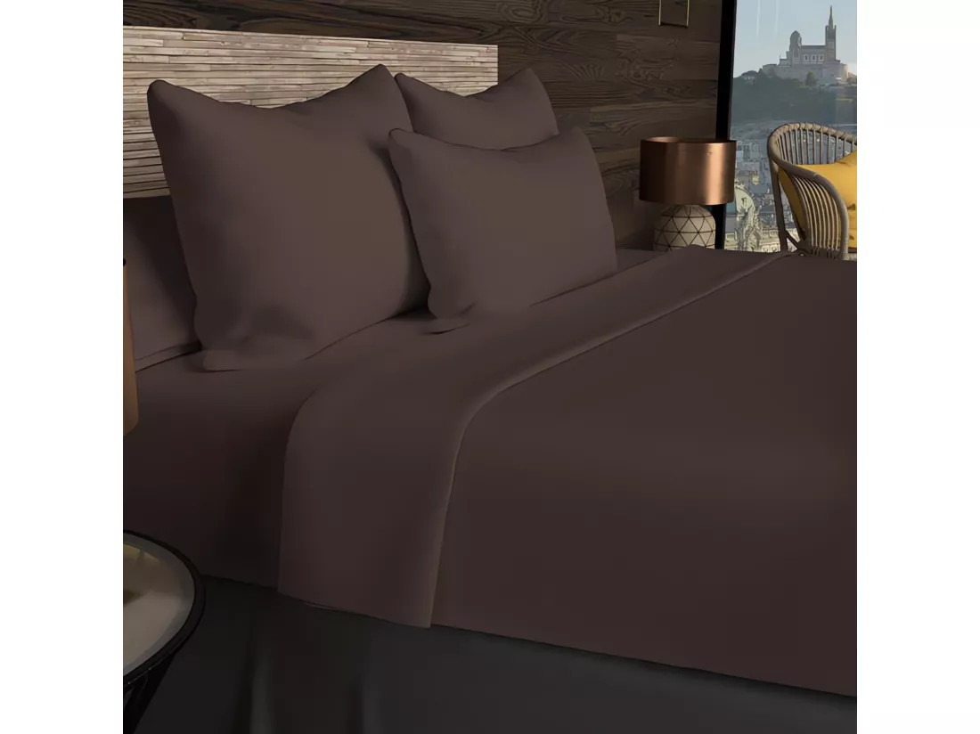 Drap housse en coton 57 fils 200x200 cm UNI brun, par Soleil d'ocre
