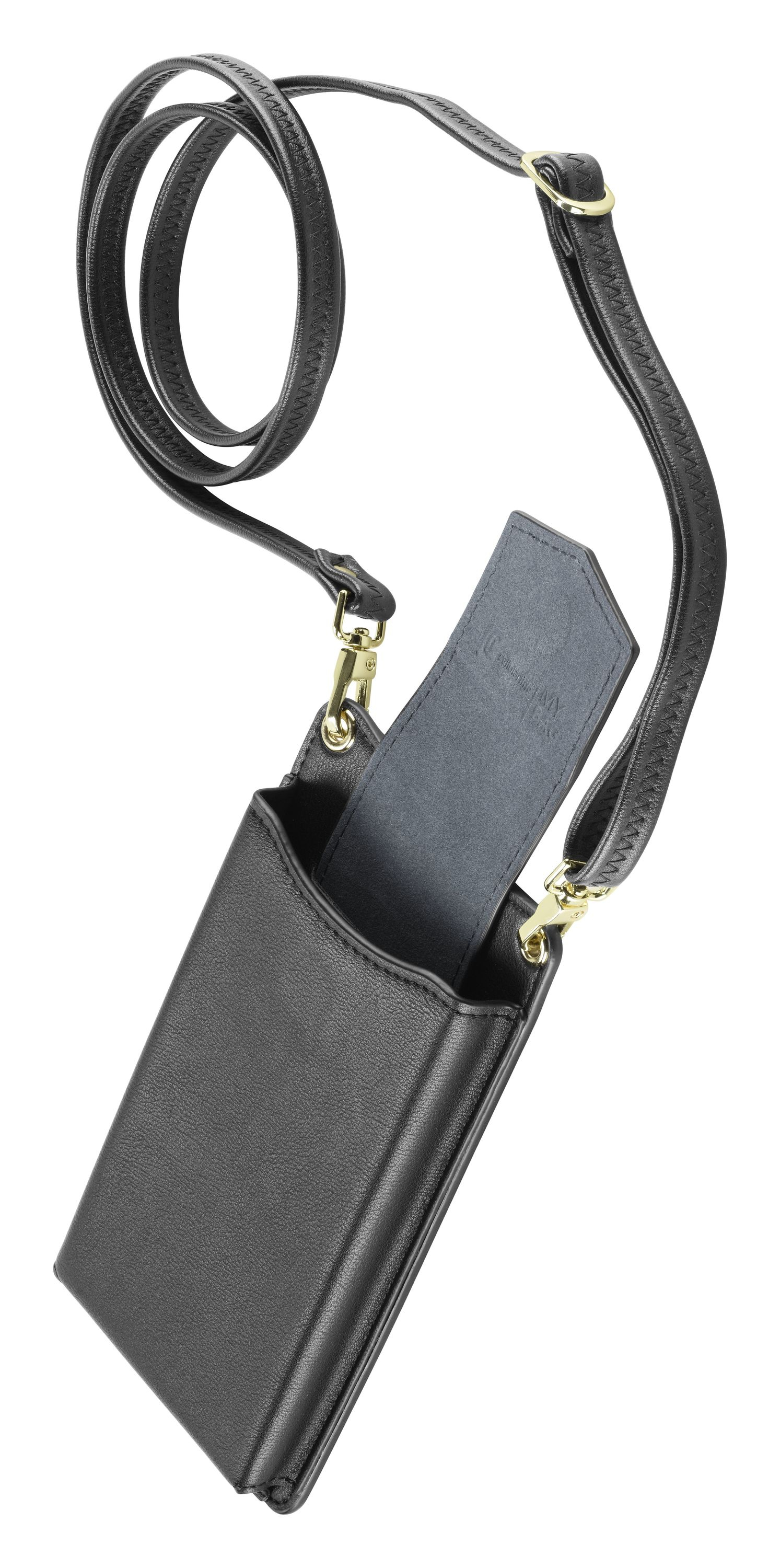 (19.5x11cm) Universal Necklace Handy Leder Umhänge Tasche mit Kartenfach (MINIBAGESSENTIALK) - Schwarz