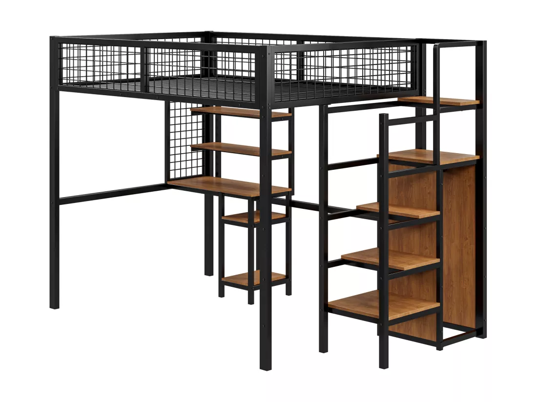 Lit mezzanine enfant 140x200 cm avec structure en fer - avec échelle de rangement、une penderie et un bureau - Noir