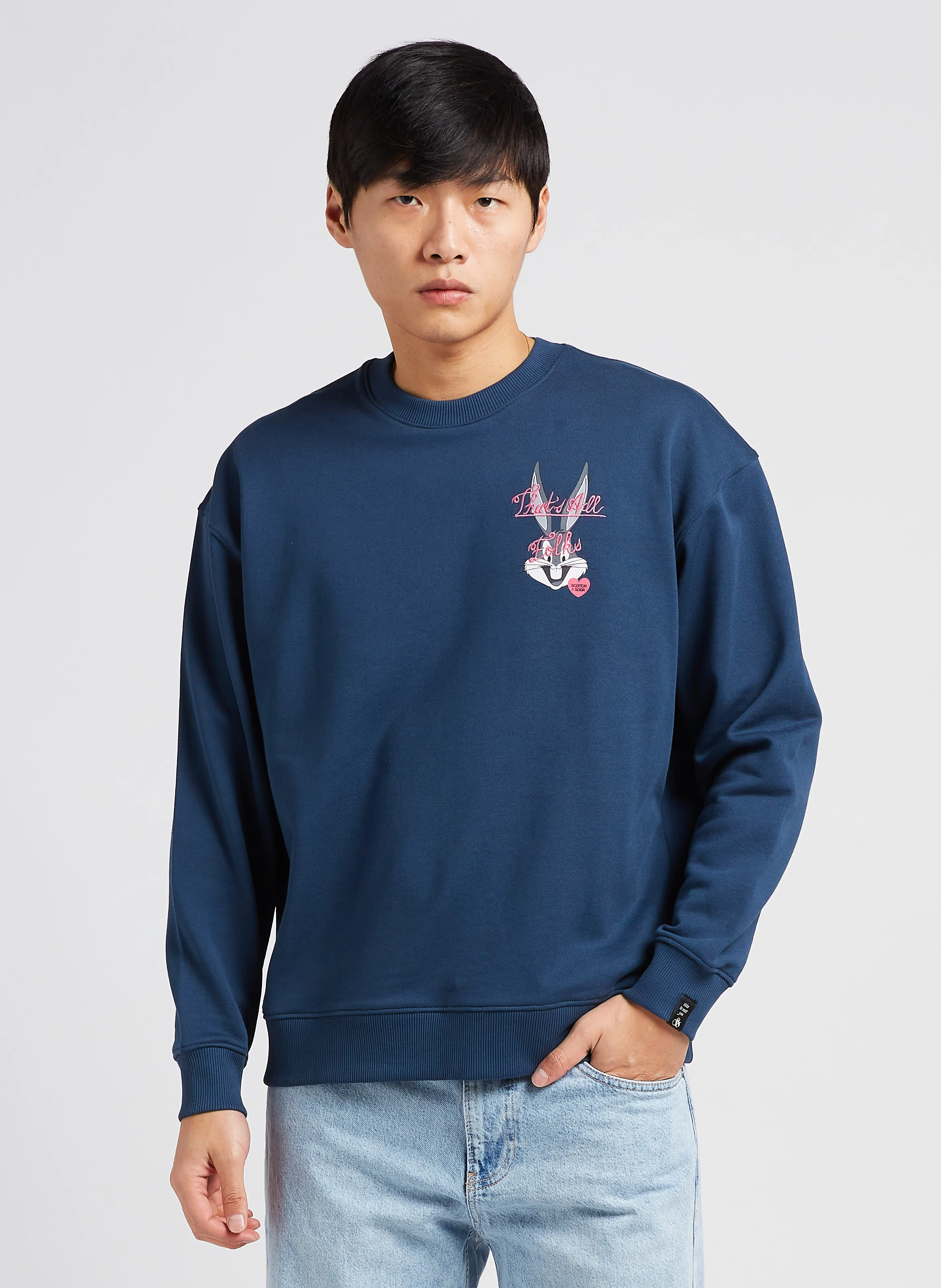 Sweat col rond regular-fit brodé en coton bio ScotchSoda x Looney Tunes| Bleu
