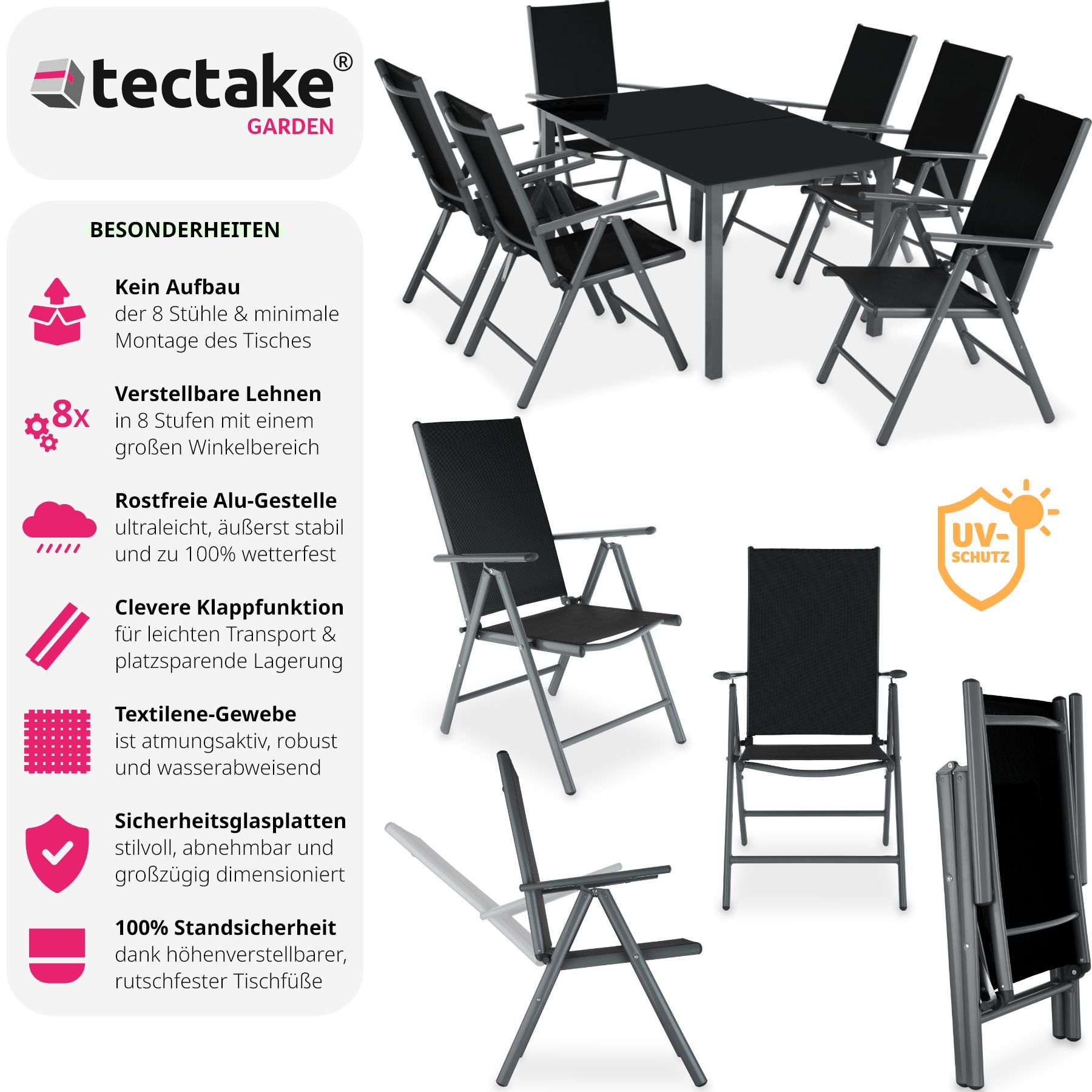 tectake® Sitzgruppe, mit Aluminiumgestell, für 6 Personen, UV-beständig, Tisch mit Sicherheitsglasplatten und Ausgleichsschrauben