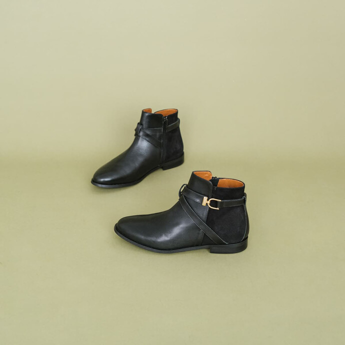 Bottines bi-matières  en cuir et velours noir