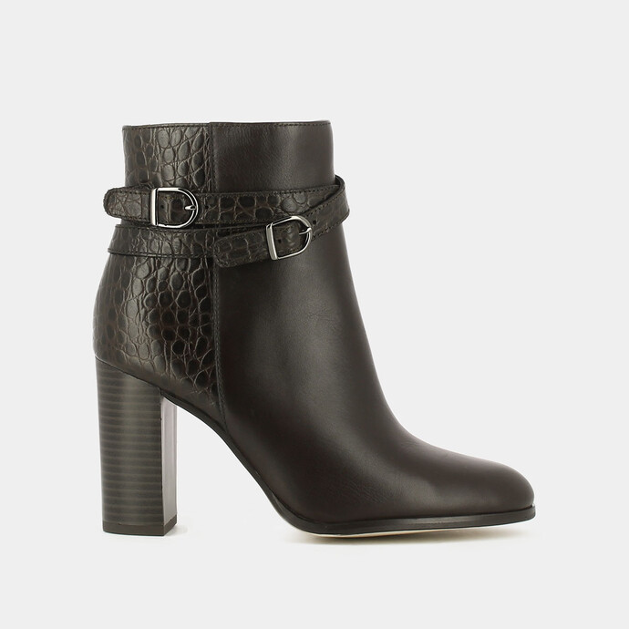 Bottines à talons et boucles  en cuir et croco marron