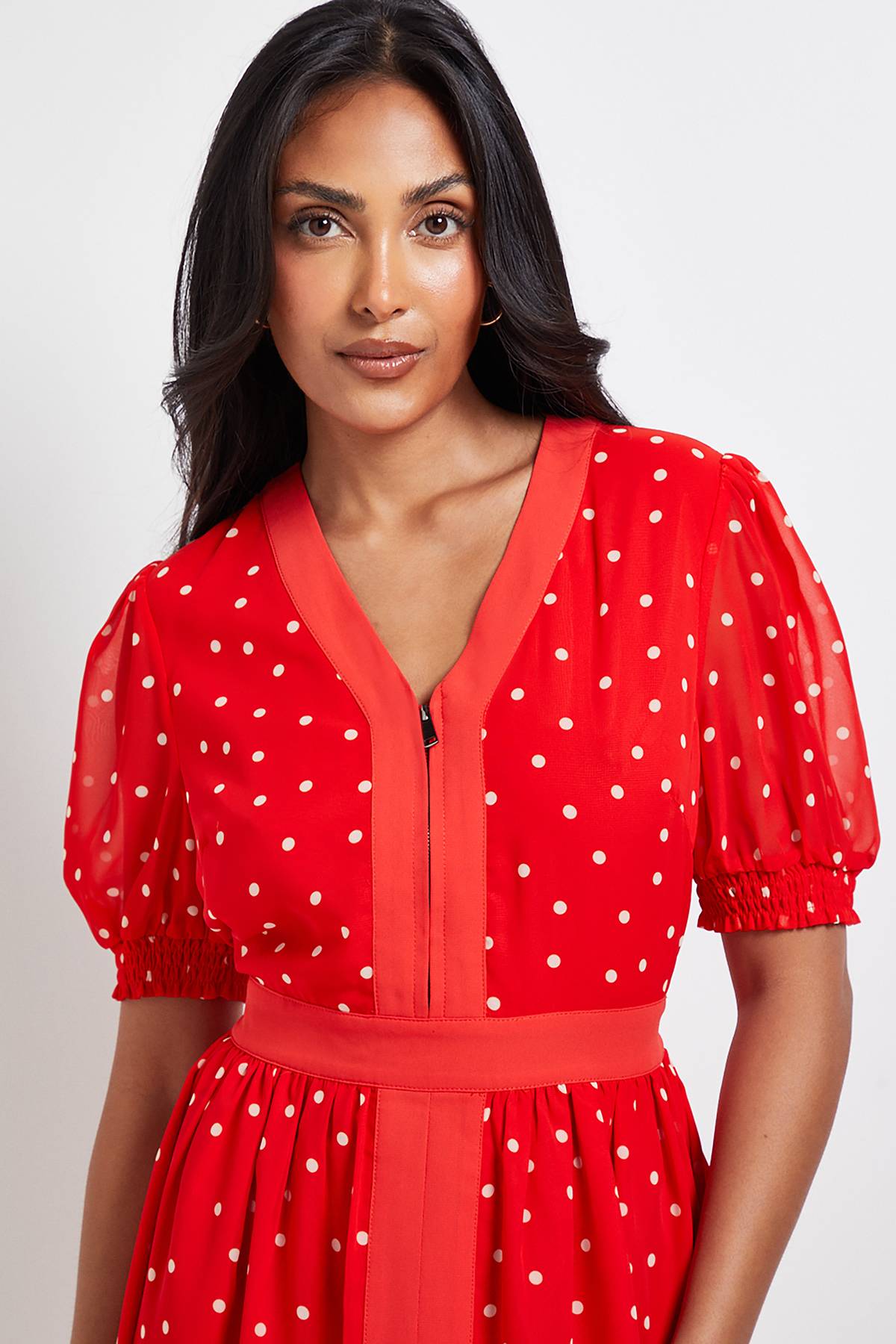 Wallis Robe Midi à Pois avec Fermeture Éclair et Manches Bouffantes - Petite Taille