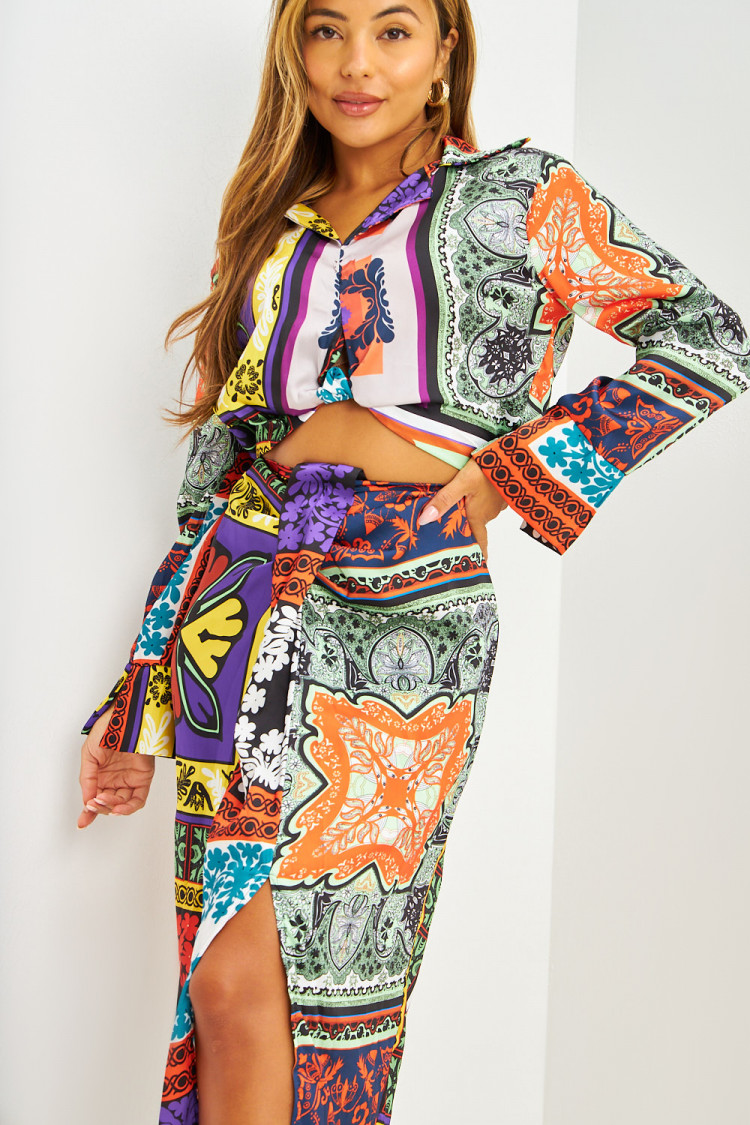 Ensemble satiné blouse crop + jupe vert clair