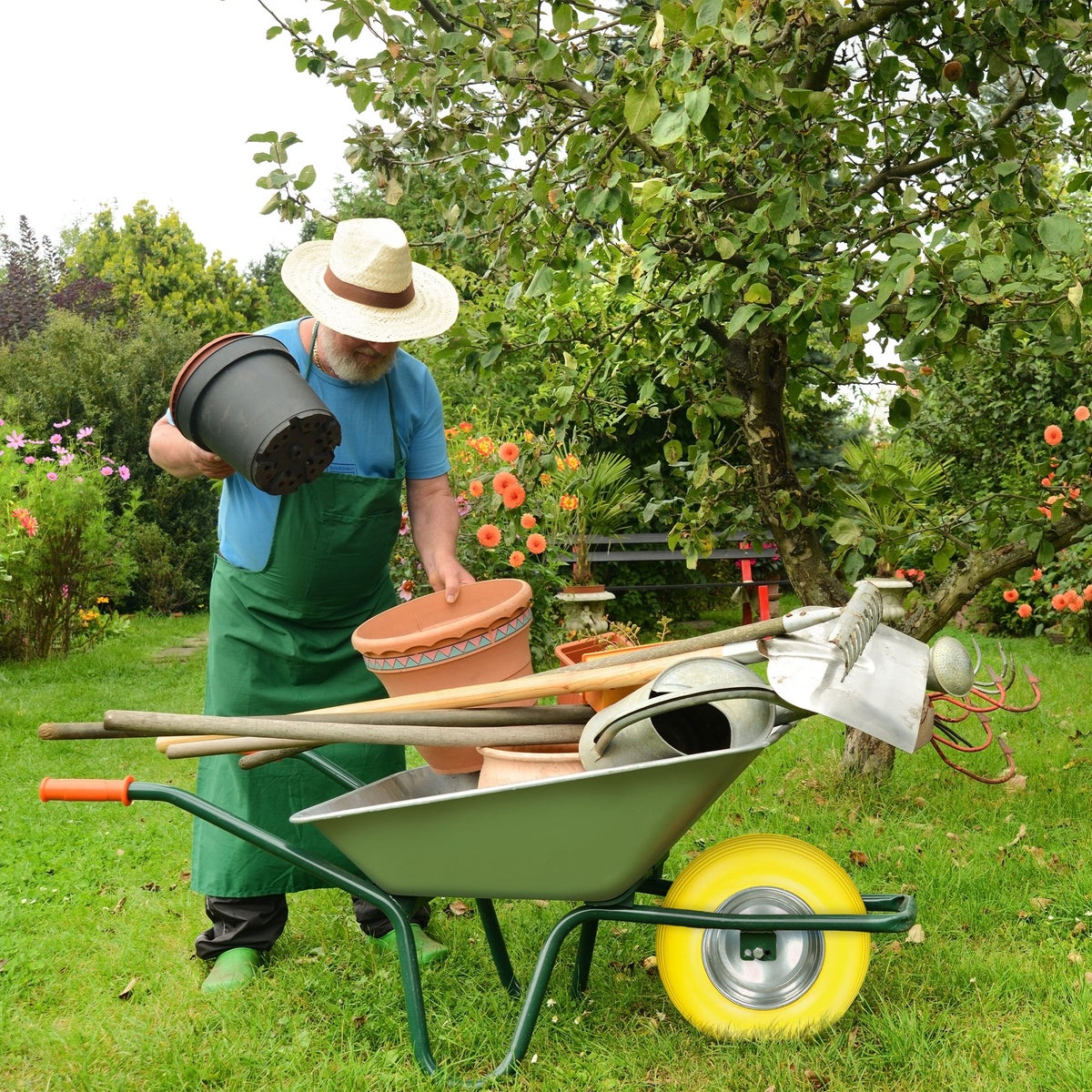 ECD Germany kruiwagenwiel van lekvrij massief PU-rubber, reservewiel met as, 4,80/4,00-8, diameter 390 mm, geel, 200 kg, band met stalen velg, PU-wielband voor kruiwagens en tuinkarren