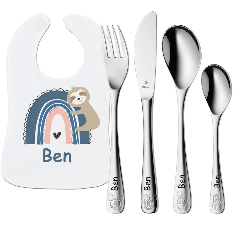 Schnullireich Geschenkset mit Namen WMF Kinderbesteck Mickey & Friends + Lätzchen Blue Rainbow Silber