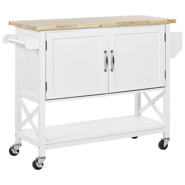 Beliani Carrinho de Cozinha Mdf Branco Tampo Castanho Claro Prateleira e Armário Escandinavo