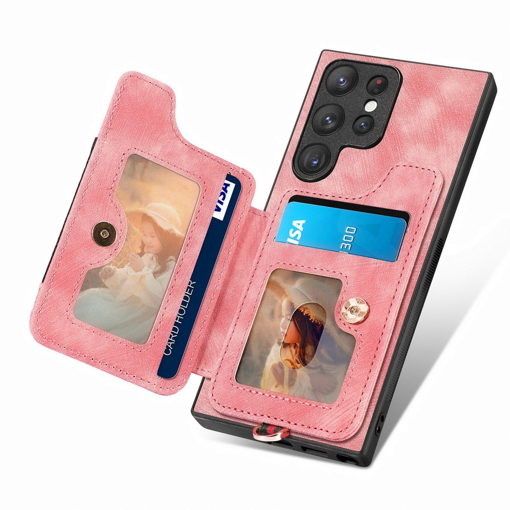 Samsung Galaxy S23 Ultra 5G Necklace Leder Hülle mit Kartenfächer   Finger Griff Halterung   Handykette (RFID Schutz) - Rosa