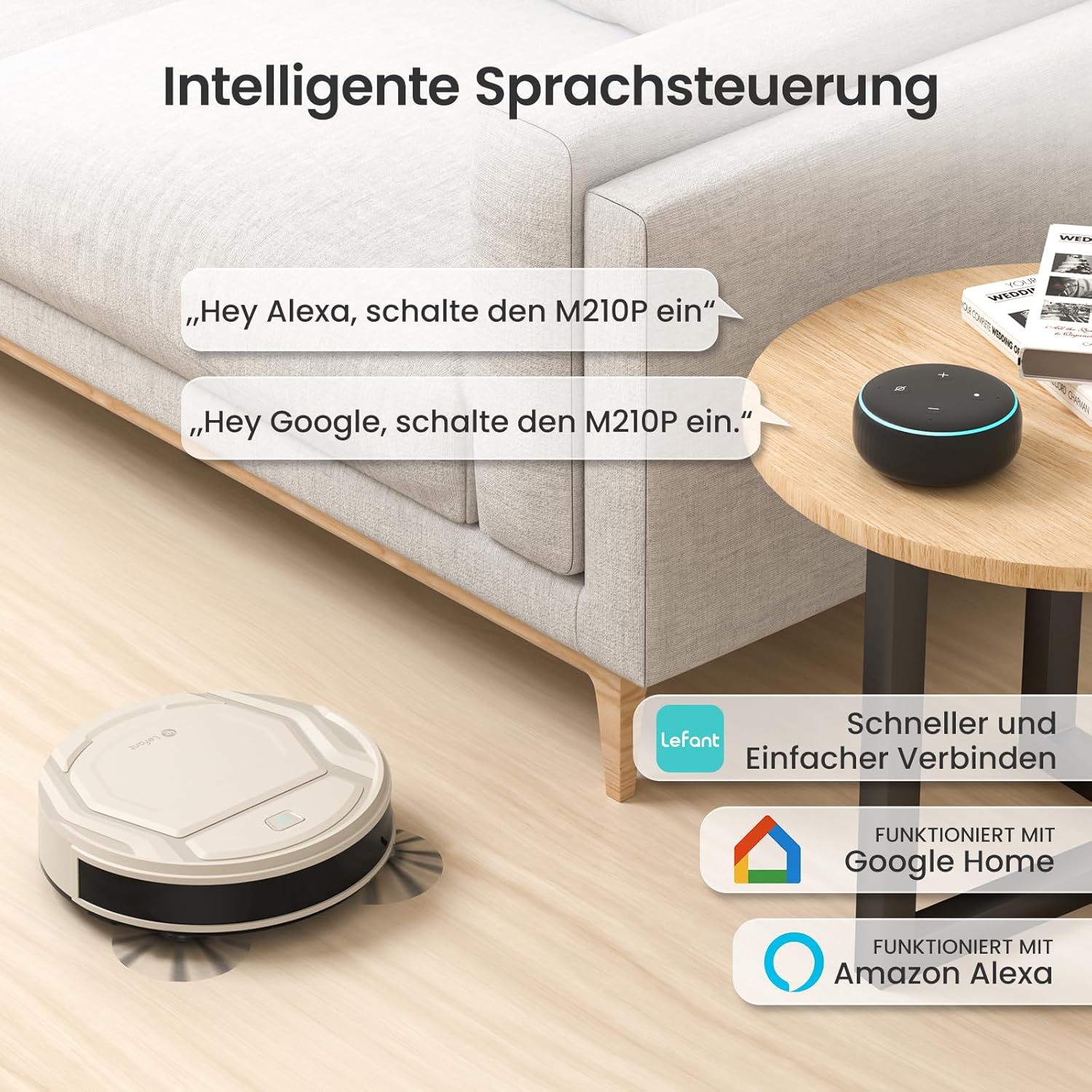LEFANT M210P Staubsauger Roboter, Saugleistung 2200 Pa, Leise 55dB, Unterstützt WLAN-/Bluetooth-/Alexa-/App-Verbindung, Akkulaufzeit von 120 Minuten, ideal für Tierhaare und Hartböden.