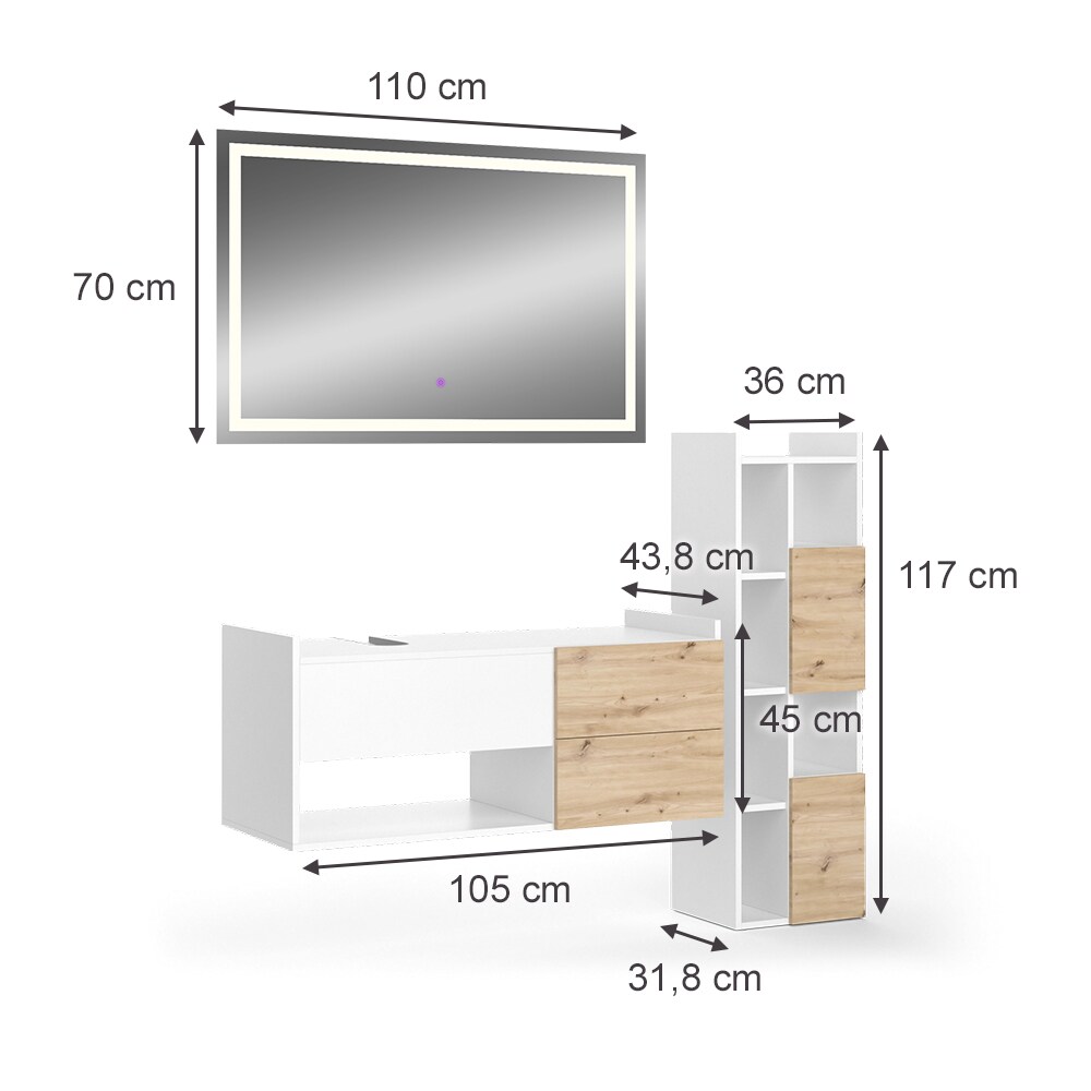 Vicco Badmöbel-Set Alf, Weiß Artisan Eiche, Badezimmer, moderne Badserie, Waschtischunterschrank, LED-Spiegel, Hochschrank