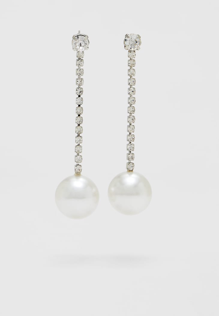 Brincos de corrente com strass e pérolas artificiais