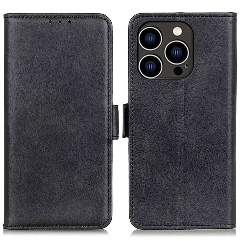 iPhone 14 Pro Vintage Leder Tasche Flip Cover mit Kartenfächer - Schwarz