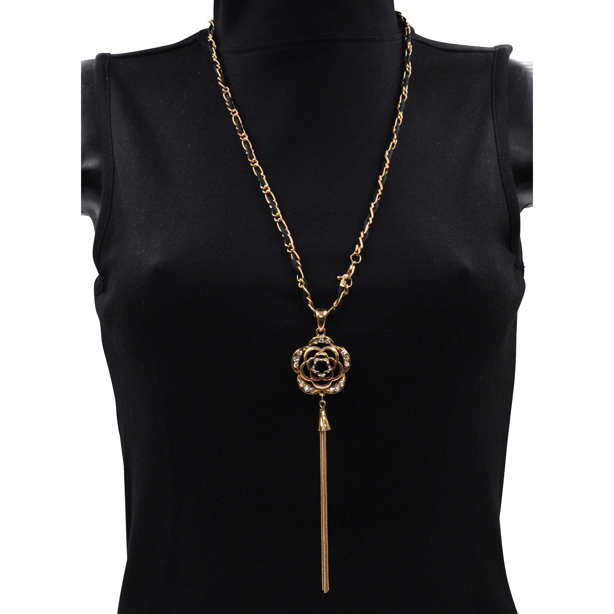 Steuer Modeschmuck Anhänger mit Kette Metall Kette goldf. Mit schwarzem Textilband und Blütenanh.