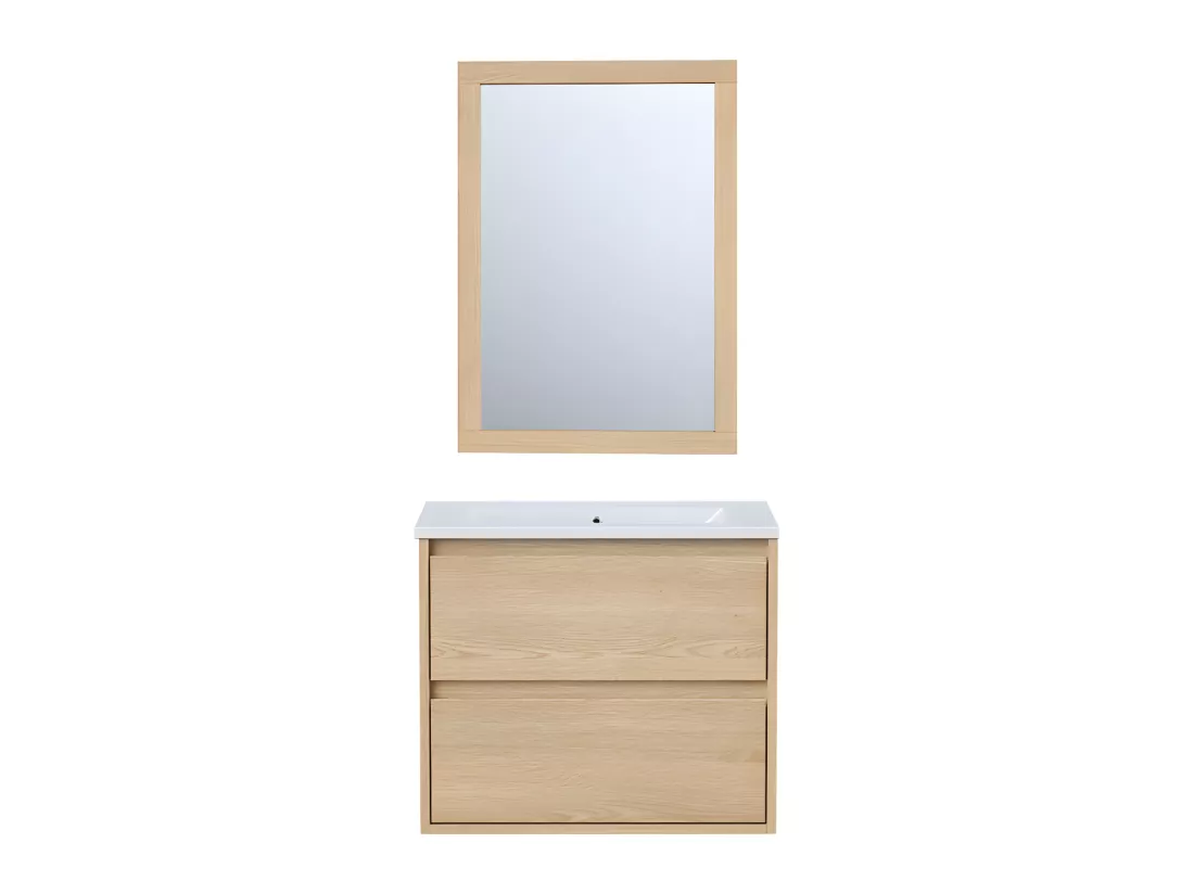 Meuble de salle de bain suspendu avec vasque à encastrer et miroir - Placage chêne - 60 cm - MILIPAM