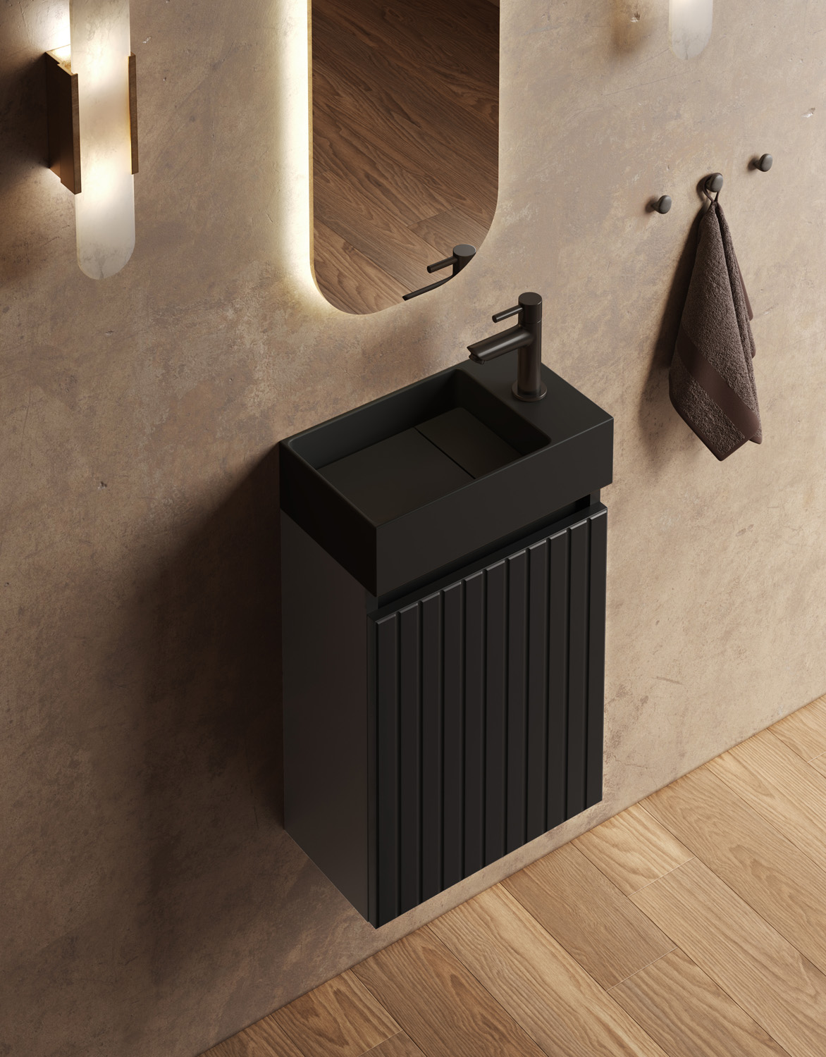 Fontana Itsie toiletmeubel mat zwart ribbelfront 40cm met fontein in mat zwart