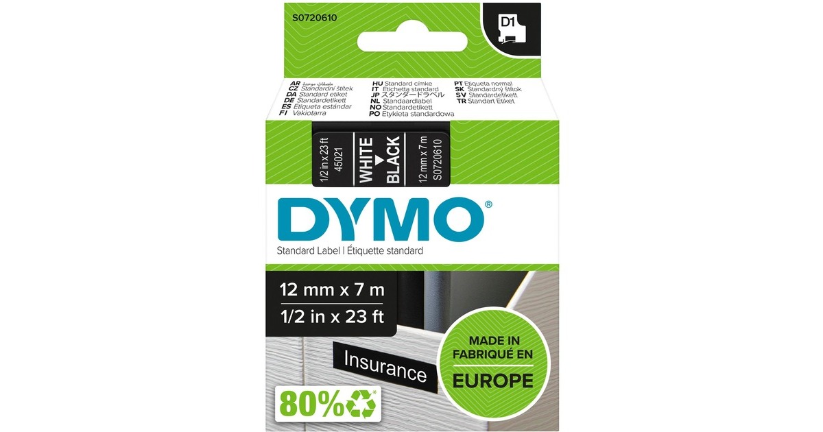 DymoD1 standaard labels, 12mm x 7m printlint