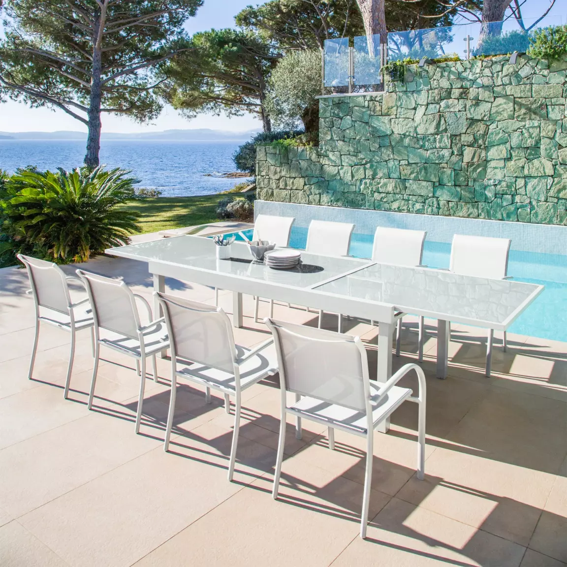 Table de jardin extensible en verre 10 places (135/270 x 90 cm) Murano Blanc