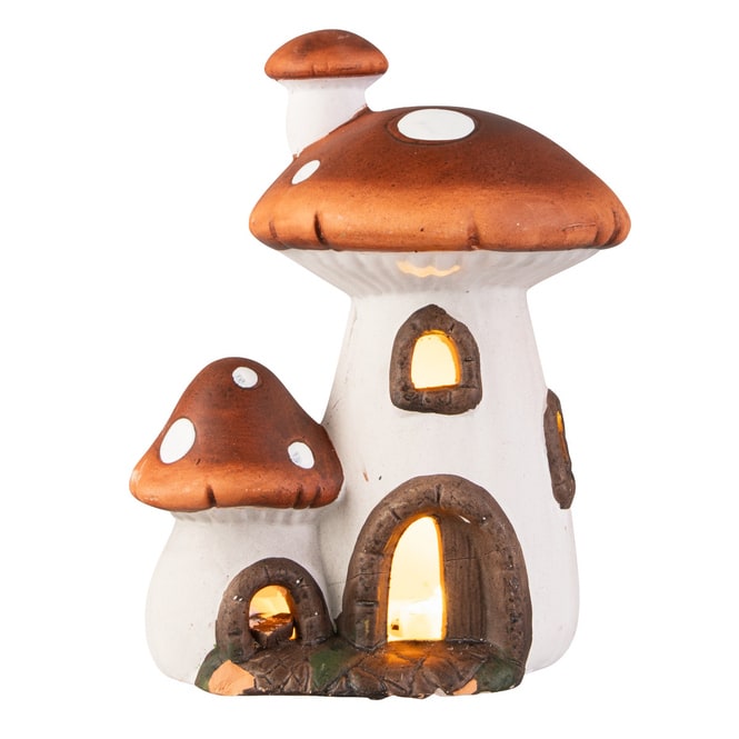 Doppelpilzhaus mit LED - aus Keramik - ca. 16,5 x 13 x 20,5 cm