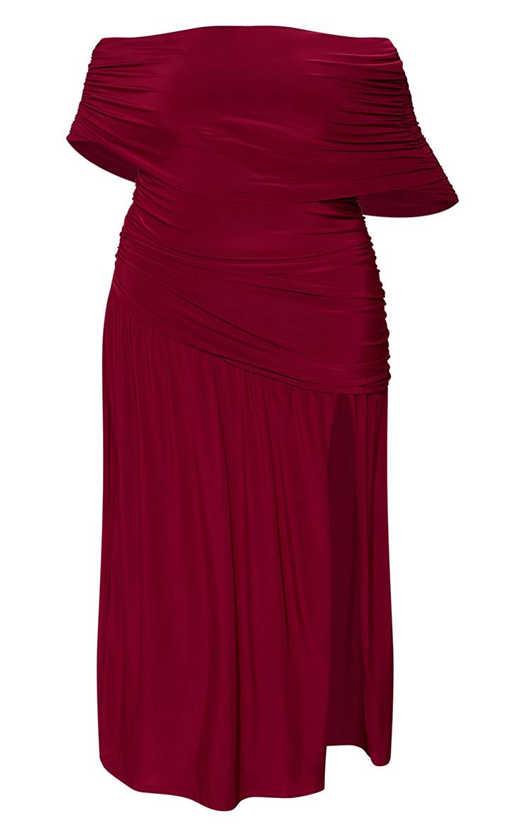 Rouge Robe Maxi Grande Taille En Jersey Slinky Double Couche À Encolure Bardot Et Fronces