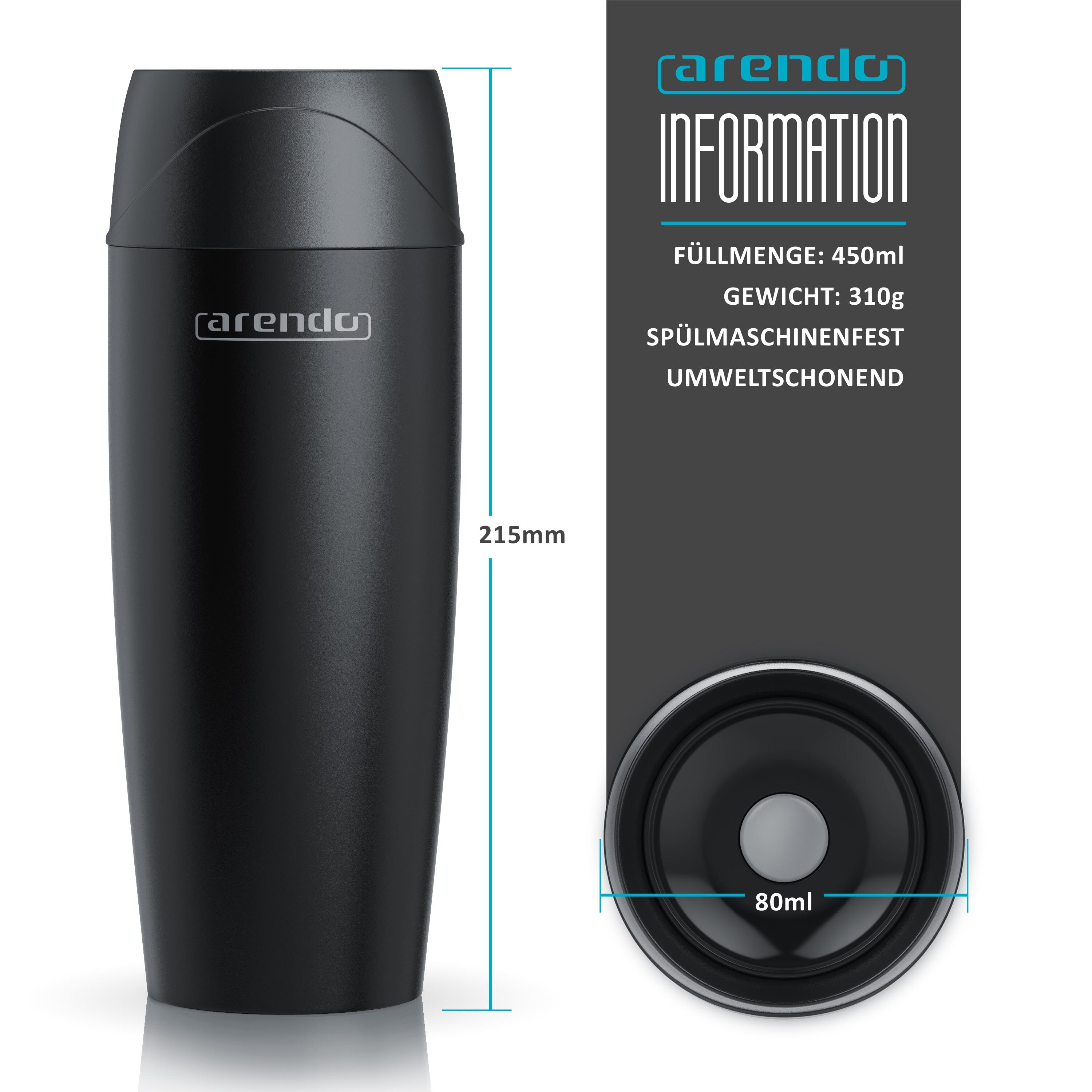 Arendo Thermobecher, Edelstahl, Isolierbecher Doppelwandig Vakuumisolierung - To Go Thermobecher 450ml