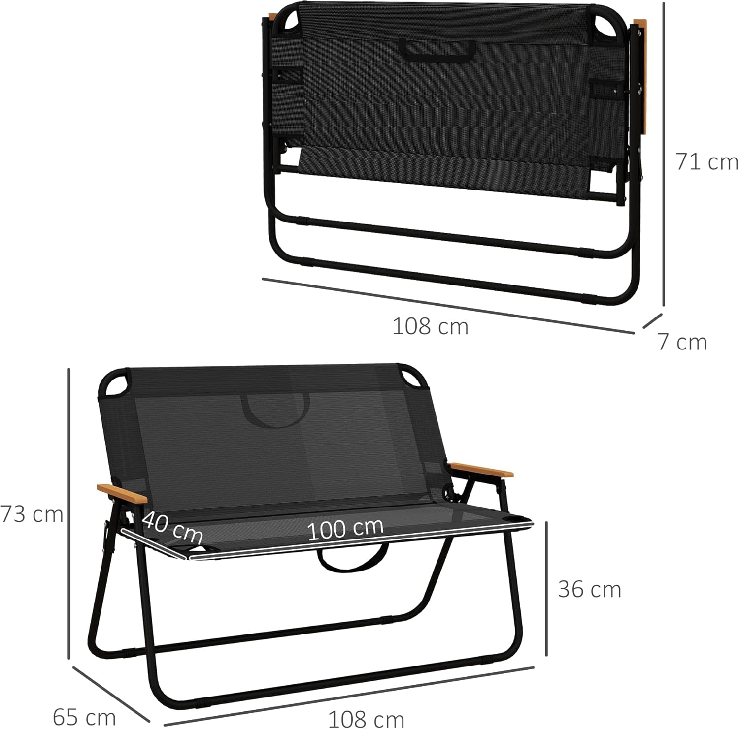 Outsunny 2-Sitzer Gartenbank, Sitzbank, Klappbare Campingbank, Klappbank bis 220 kg belastbar, für Camping, Terrasse, Mesh, Schwarz, 108 x 65 x 73 cm