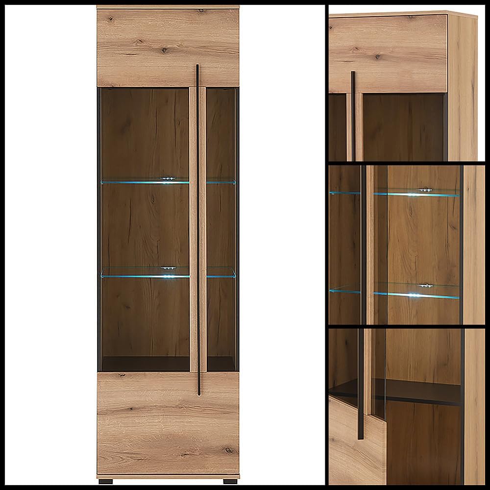 Lomadox Wohnwand Wohnzimmer-Set 5-teilig mit 2 Vitrinen, Sideboard & Highboard in Eiche inkl. LED Beleuchtung