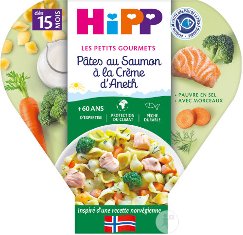 HiPP Biologique Les Petits Gourmets Pâtes Au Saumon À La Crème D'Aneth Dès 15 Mois Assiette 250g