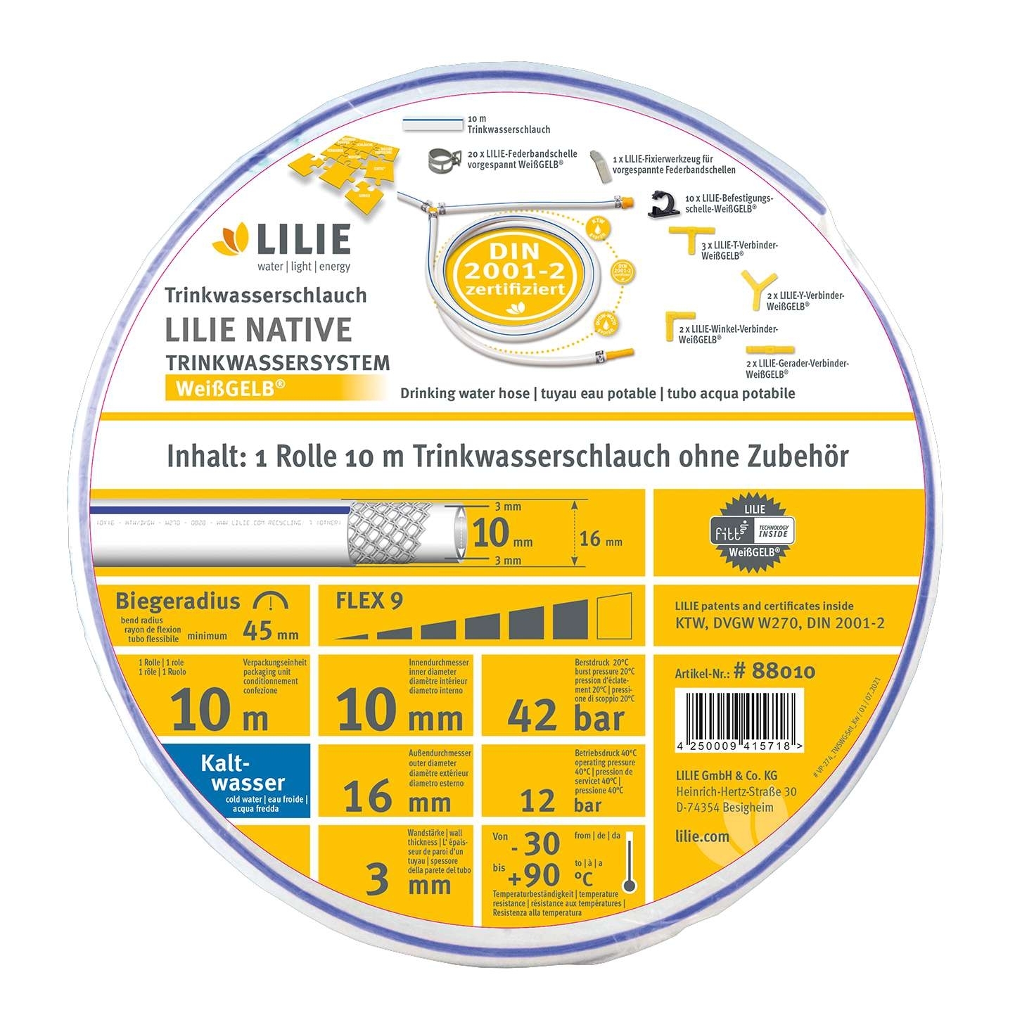 Lilie Native Trinkwasserschlauch für Kaltwasser 10x16 mm (10 Meter)
