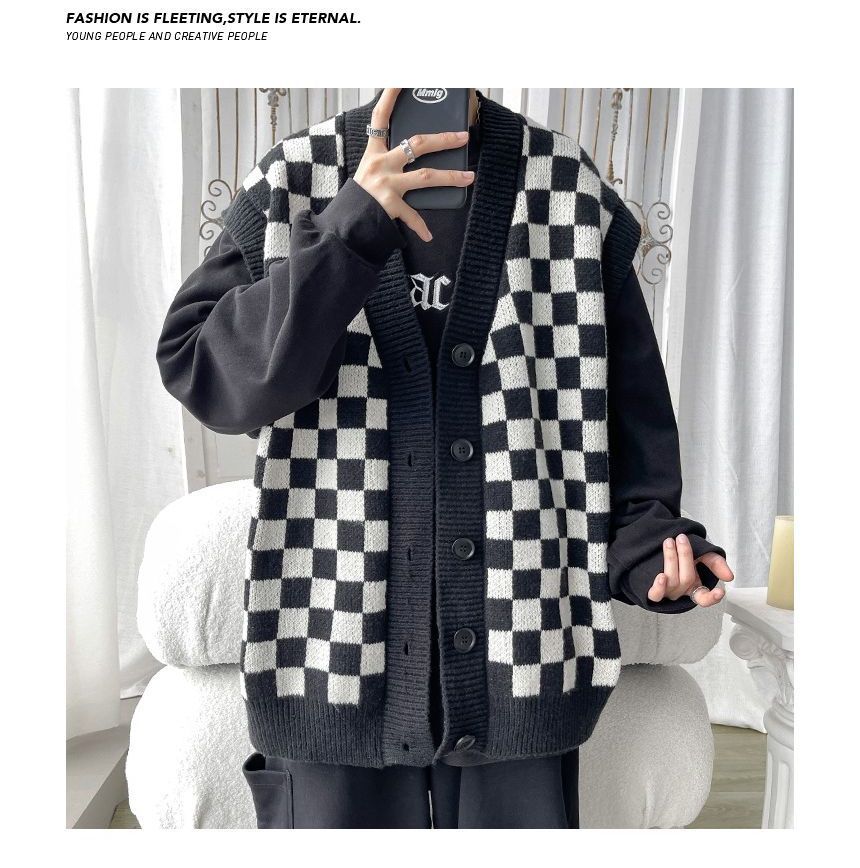 POSI - Checkerboard Single-Breasted Sweater Vest
