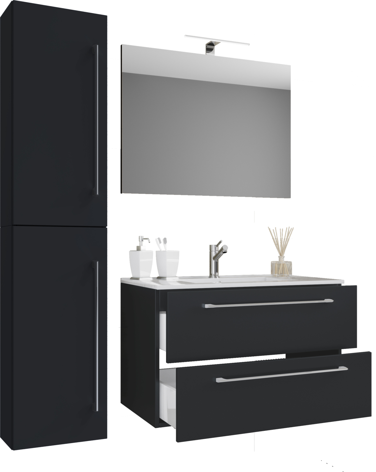 4-teiliges Badmöbel-Set BADINOS - schwarz - Hochschrank - 114 cm