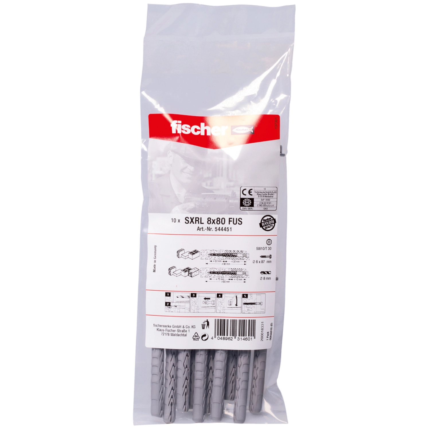 Fischer SXRL 8 x 80 FUS Constructie/kozijnpluggen - T30/SW10 - zeskant schroef - verzinkt staal (10st)
