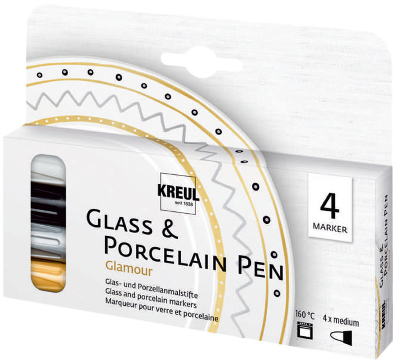 KREUL Glas- und Porzellanmarker Glamour, 4 Stück, weiss/schwarz/gold/silber