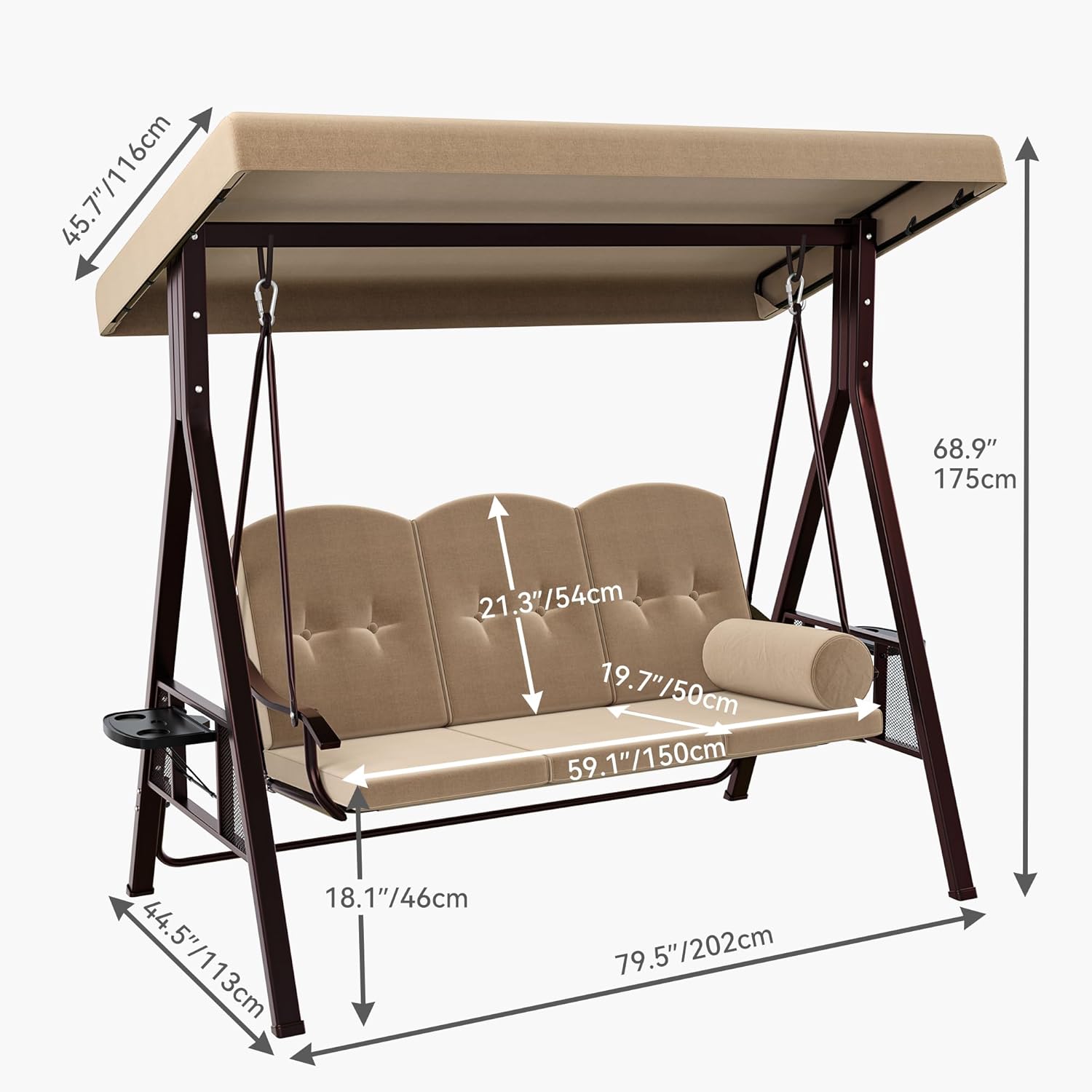 YITAHOME 3-Sitzer Hollywoodschaukel, Gartenschaukel mit Liegefunktion mit Verstellbarem Baldachin und Abnehmbarem Kissen, Gartenschaukel für Erwachsene im Garten, Pool, Balkon, Khaki