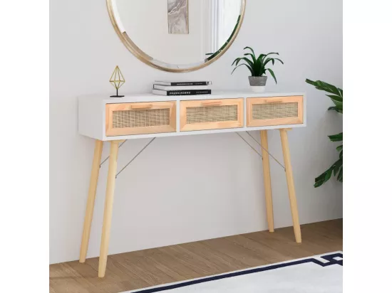 Table console Blanc 105x30x75 cm Bois massif pin /rotin naturel