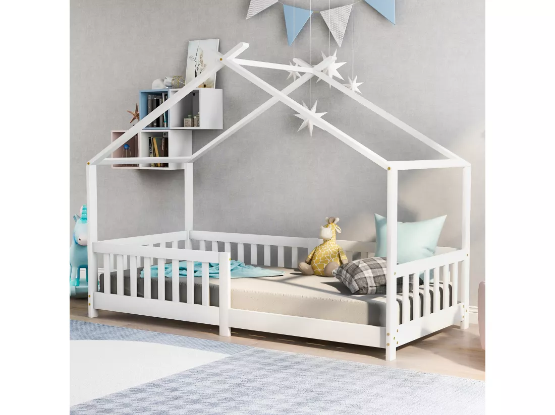 Lit cabane pour enfant, bois massif avec clôture et sommier à lattes, pour chambres d'enfants, blanc (200x90cm)