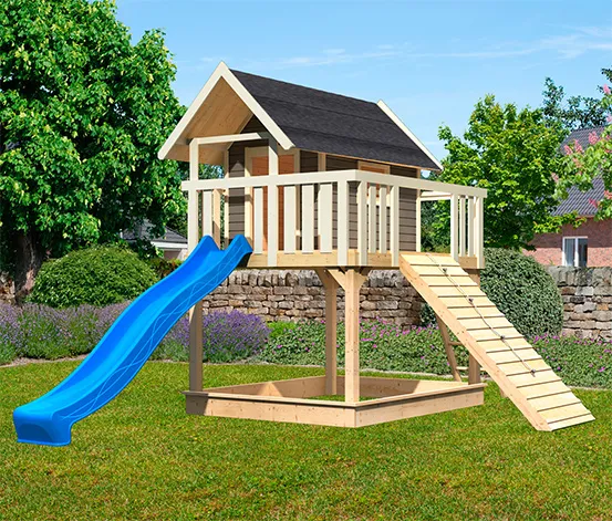 Karibu Stelzenhaus »Fidel« mit Rutsche, Kletterwand und Holzrampe