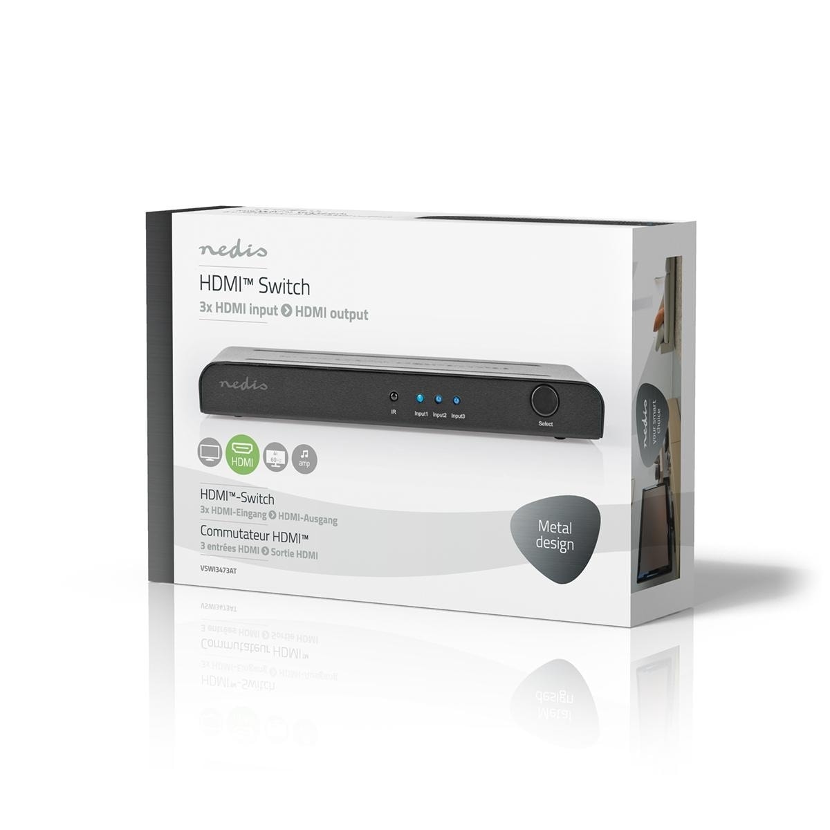 Nedis HDMI ™ Switch | 3-Port port(s) | 3x HDMI™ Inngang | 1x HDMI ™ -utgang | 4K@60Hz | 18 Gbps | Fjernstyrtkontrolert | Metall | Antrasitt