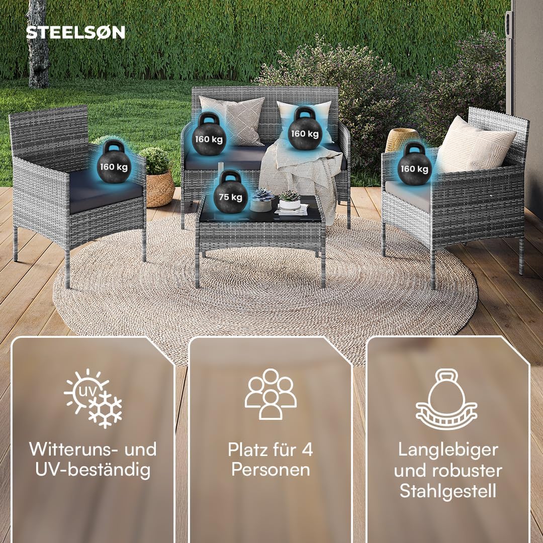 STEELSØN Polyrattan Gartenmöbel Set 4 TLG Thalora, Balkonmöbel Set Ink. 2er Sofa, 2 Stühle, Tisch & Sitzkissen, Terrassenmöbel Lounge, wetterfest grau-meliert