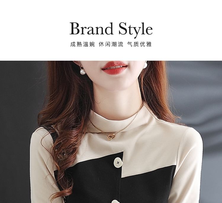 Jeonseon - Blouse met lange mouwen en mockneck en tweekleurige knopen