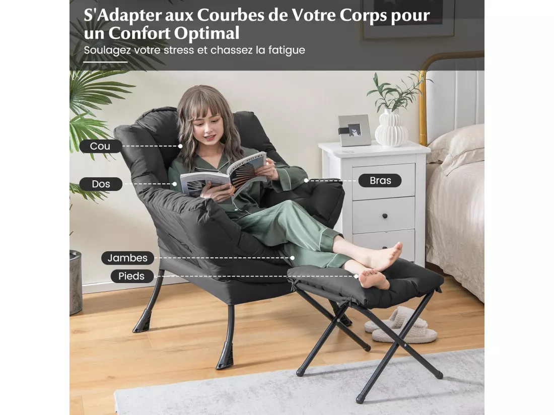 Fauteuil Salon Scandinave avec Repose-Pieds, Fauteuil Relax avec Oreiller et Poche Latérale, Fauteuil Chambre Confortable pour Lecture, Cadre en Métal pour Charger de 150 KG, Gris