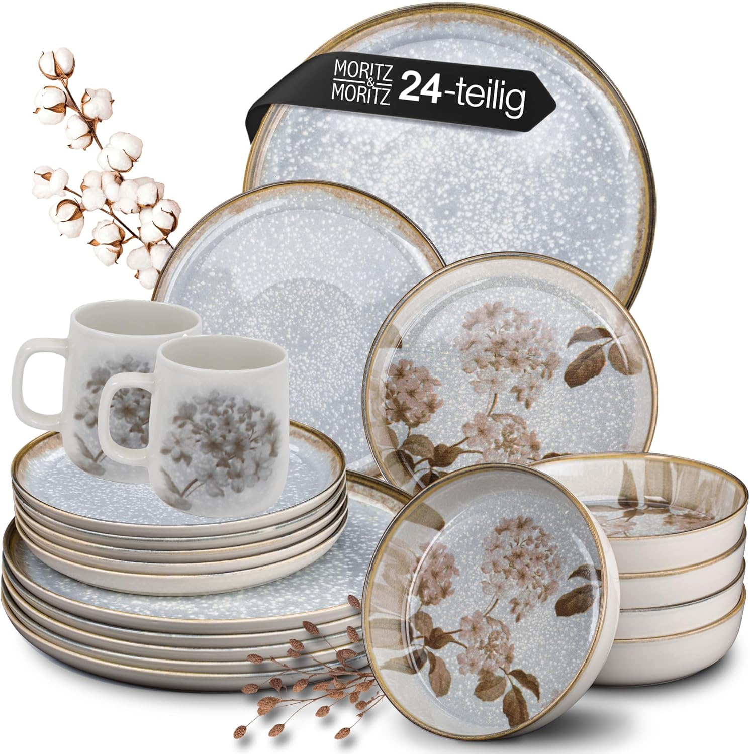 Moritz & Moritz BLOSSOM Porzellan Geschirrset 6 Personen 24-tlg. - Modernes Tafelservice mit verspieltem Design - Pflegeleichtes Kaffeeservice mit Teller Set, Schüsseln & Tassen - Kombiservice