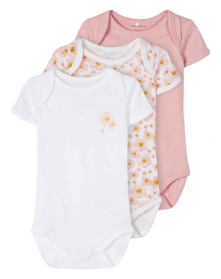Kurzarm-Body NBFBODY – FLOWER 3er-Pack in rosa/weiß