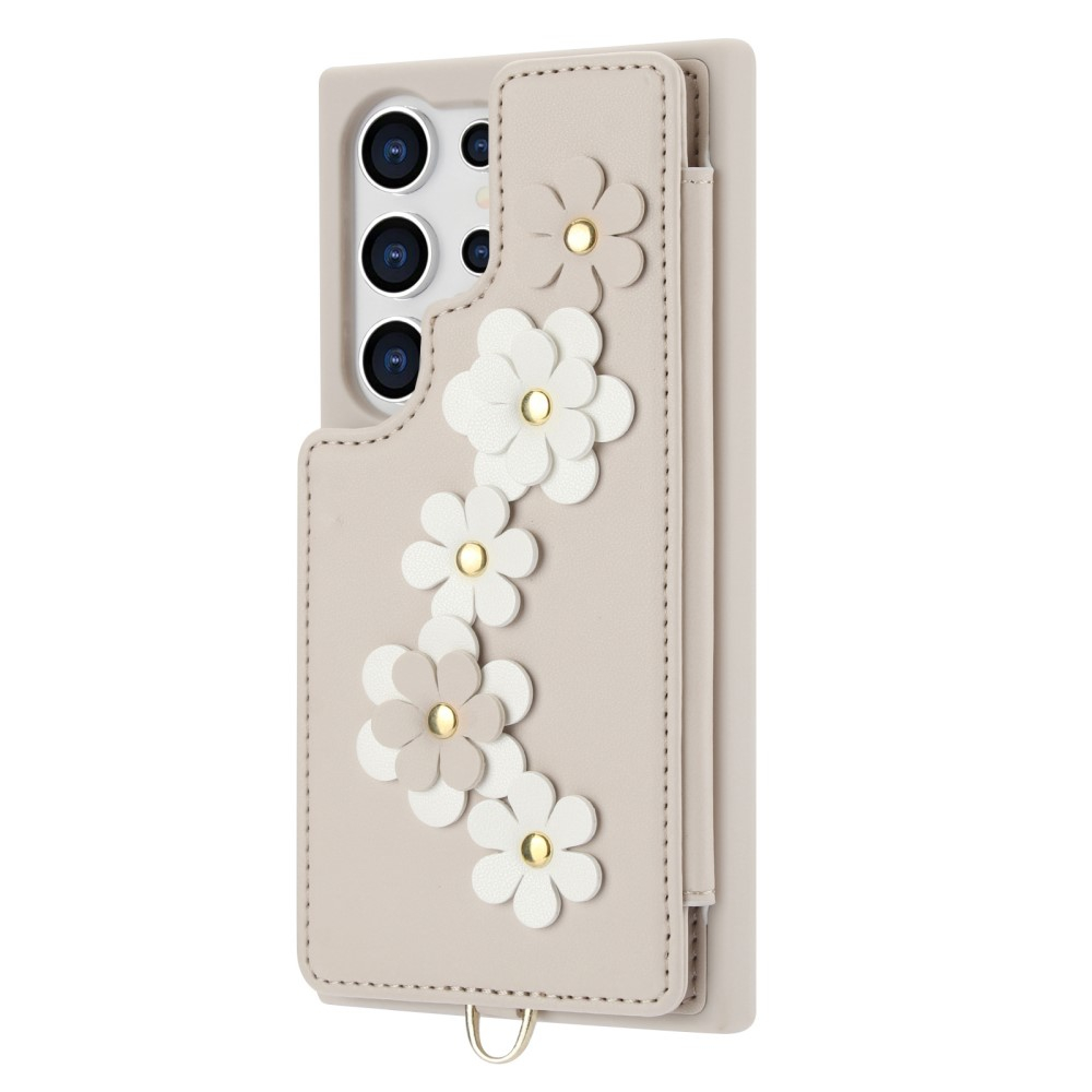 Samsung Galaxy S25 Ultra Necklace Leder Schutz Hülle mit Kartenfächer Blumen   Handykette (140cm) - Beige