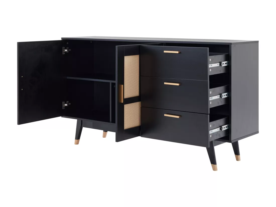 Buffet 160x40x87cm - avec 2 portes en rotin et 3 tiroirs - Noir